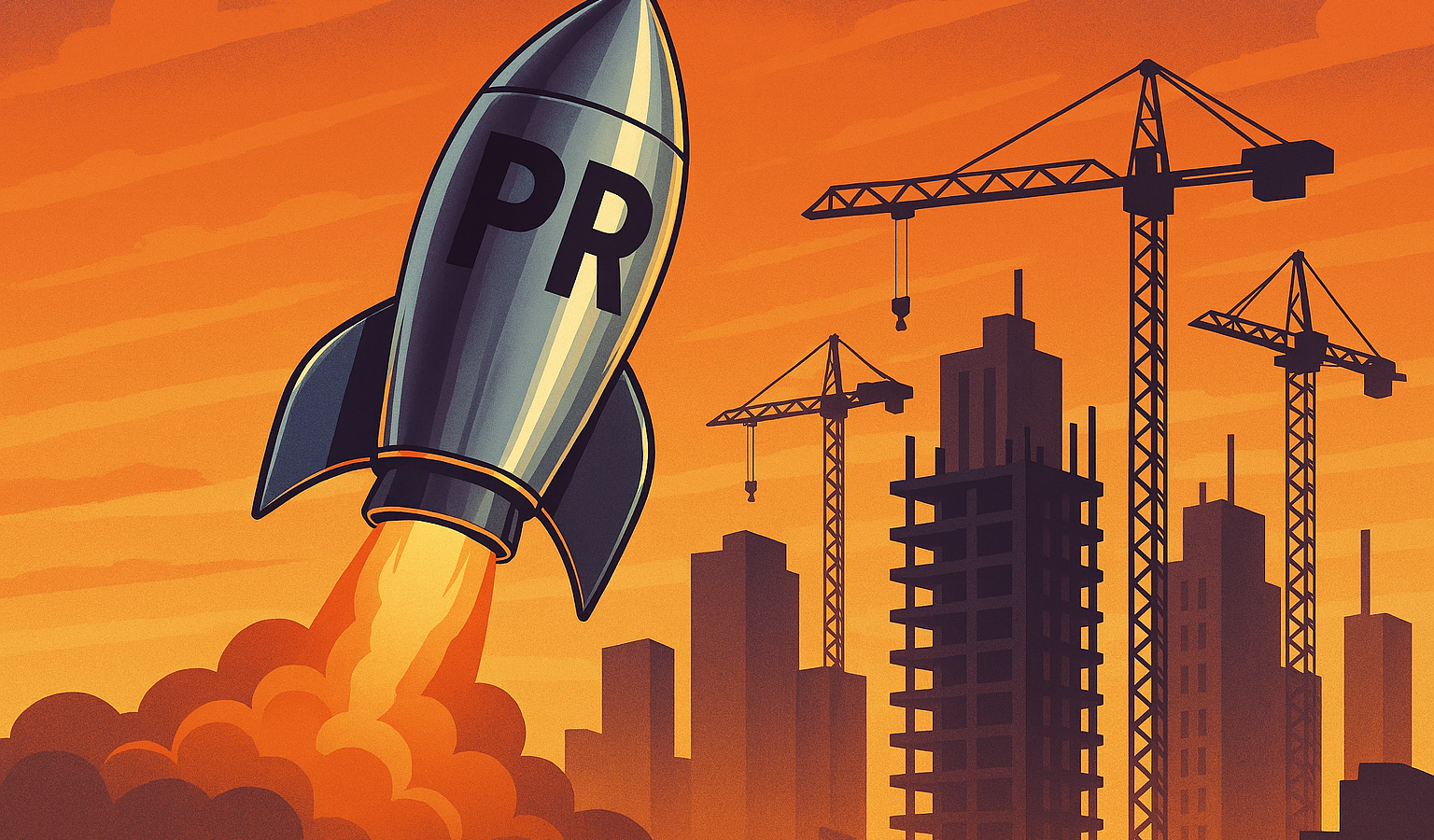 AI image generated with this prompt: Create a landscape shaped image of a shiny retro looking rocket (no windows or other details) with a sign on it that just says "PR". Have it launching in front of skyscrapers being built with a sunset background